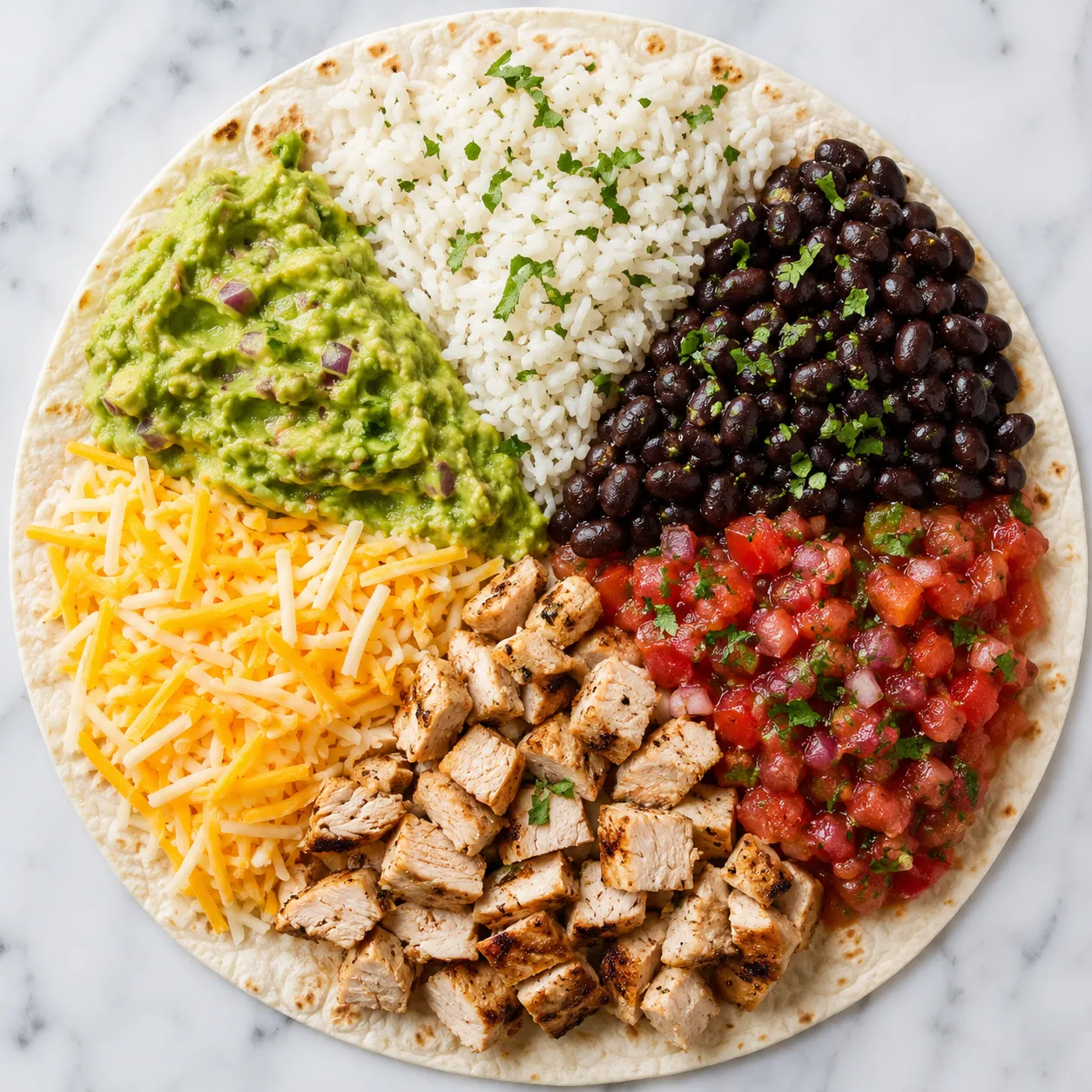 A tortilla with rice, beans, cheese, chicken, guacamole and salsa in separate sections — components assembled into one system