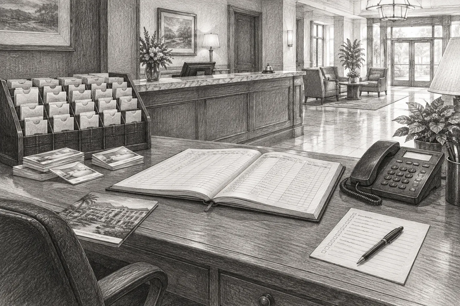 Pencil sketch of a revenue manager’s desk beside a front-desk counter, with printed room cards, a rack of key envelopes, a hotel brochure, a handwritten amenity checklist, and a telephone arranged around an open reservation ledger.