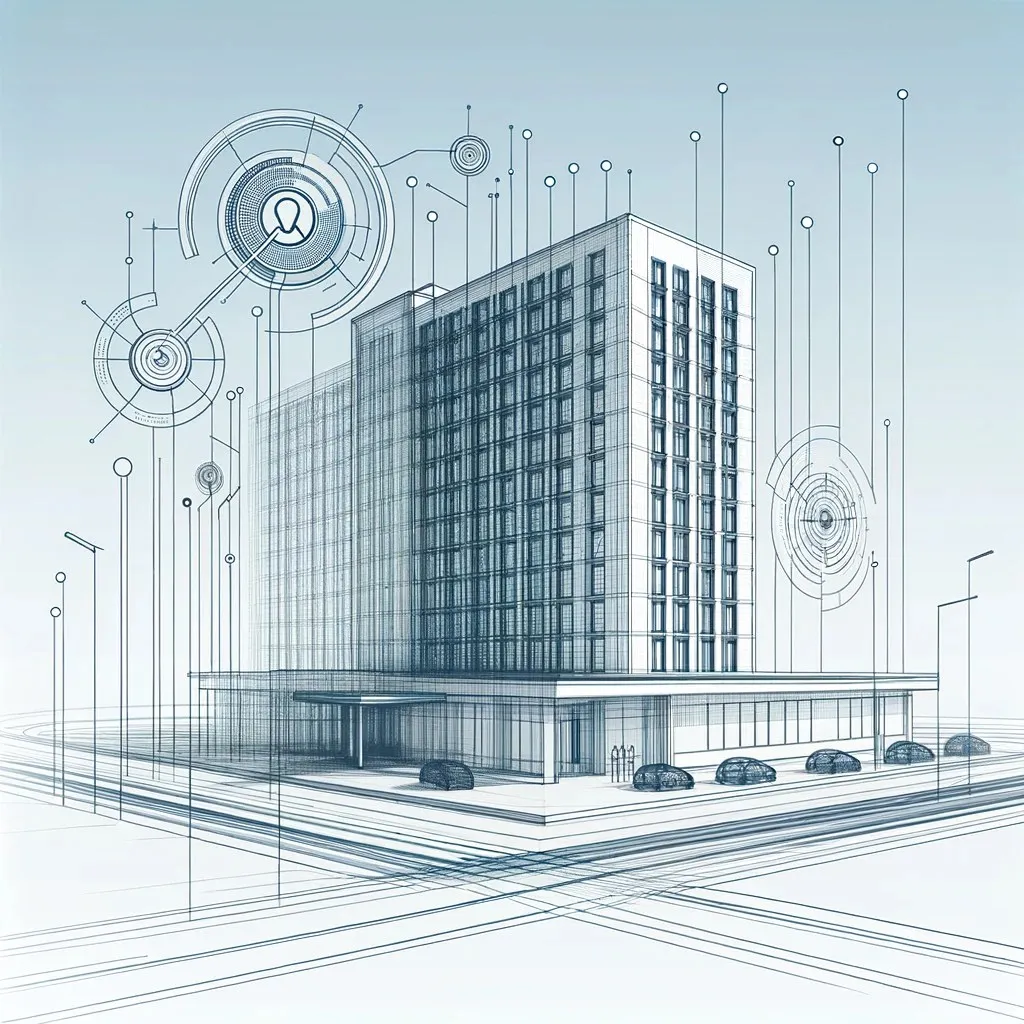 Minimalist architectural sketch of a hotel and AI integration