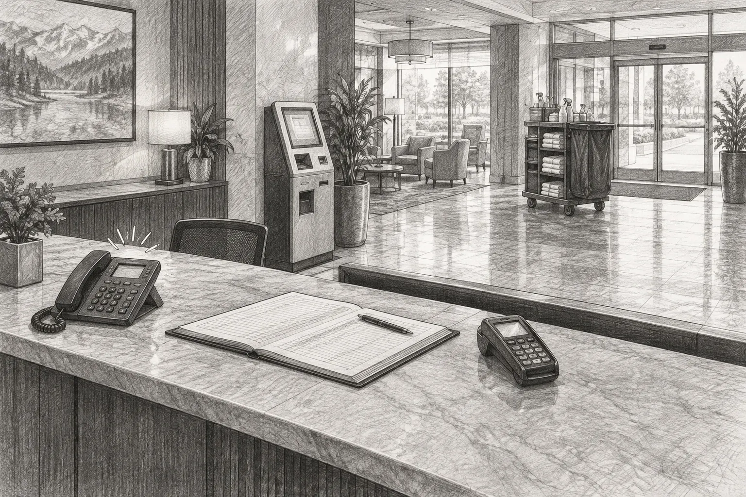 Pencil sketch of an unattended hotel front desk with a ringing desk phone, a self-check-in kiosk, a housekeeping cart near the lobby doors, and a reservation ledger beside a card terminal.