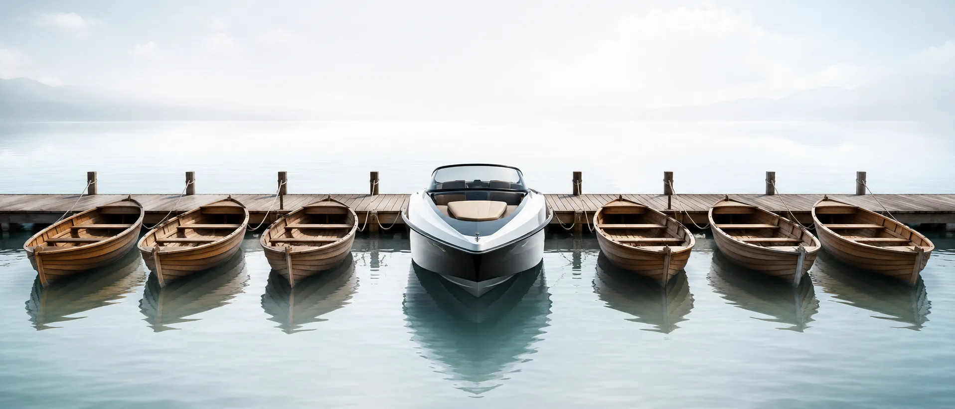 A row of traditional wooden rowboats moored along a dock, with a single sleek white motorboat docked among them.