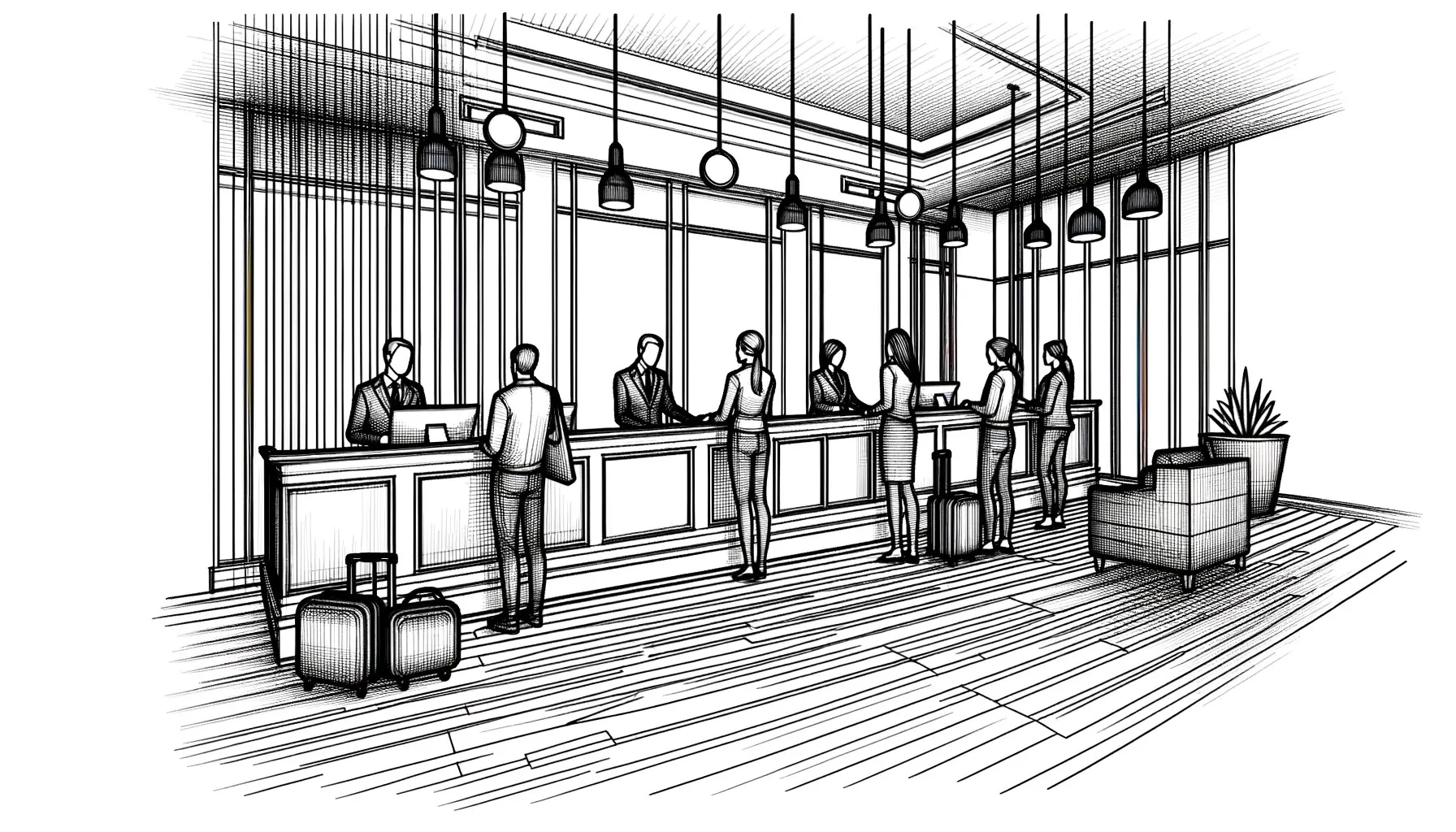 Line drawing of staff behind a hotel check-in counter