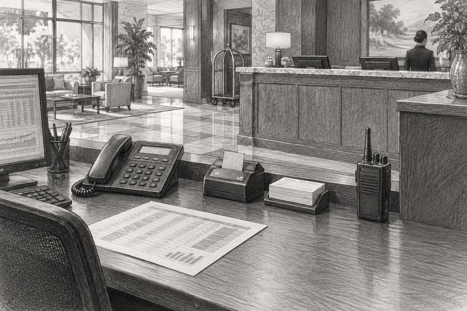 Pencil sketch of a revenue manager’s desk beside a hotel front desk, with a printed rate sheet, desk phone, key-card encoder, guest request cards, and housekeeping radio arranged between them.