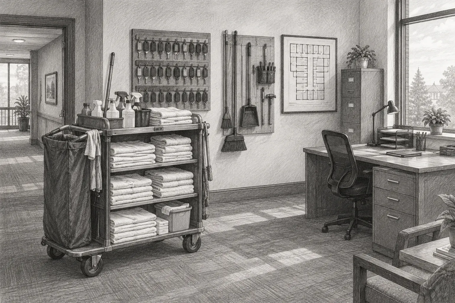 Pencil sketch of a hotel housekeeping office with a linen and cleaning cart beside room keys, maintenance tools, a printed floor plan, and a supervisor's desk.