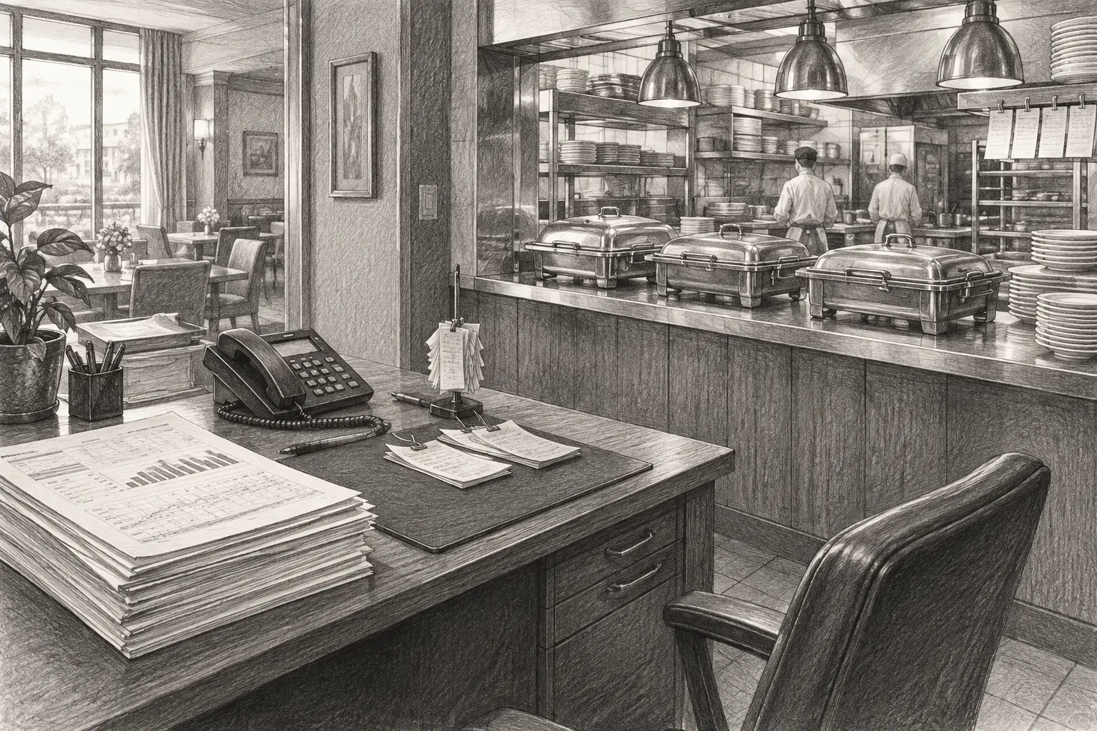 Pencil sketch of a revenue manager’s desk beside a hotel kitchen pass, with printed occupancy reports, a reservation telephone, order tickets, and covered buffet trays awaiting service.