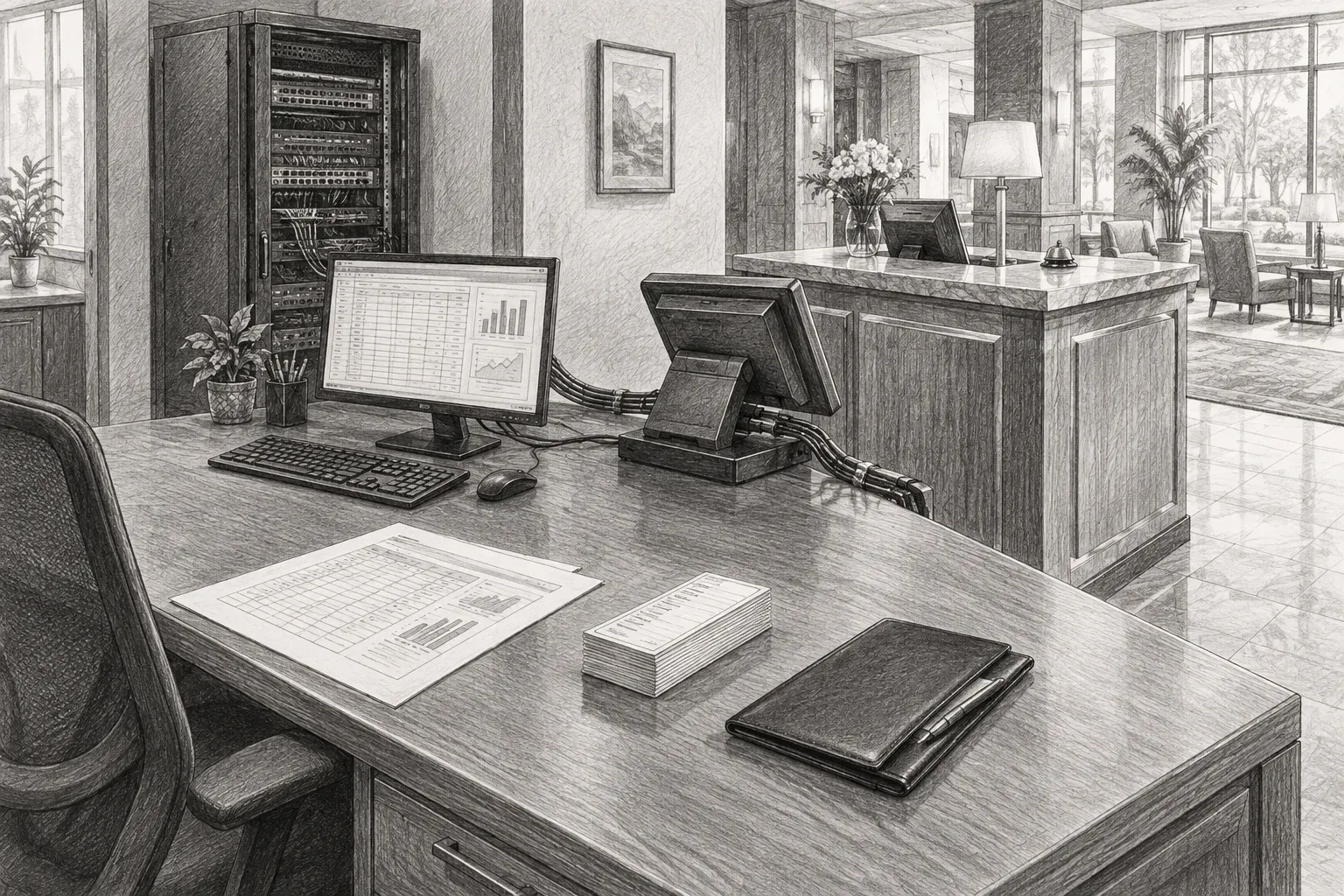 Pencil sketch of a revenue manager’s desk beside a front-desk counter, with a printed occupancy report, reservation slips, a restaurant check folder, and cables leading from a PMS terminal toward a neatly organized server cabinet.