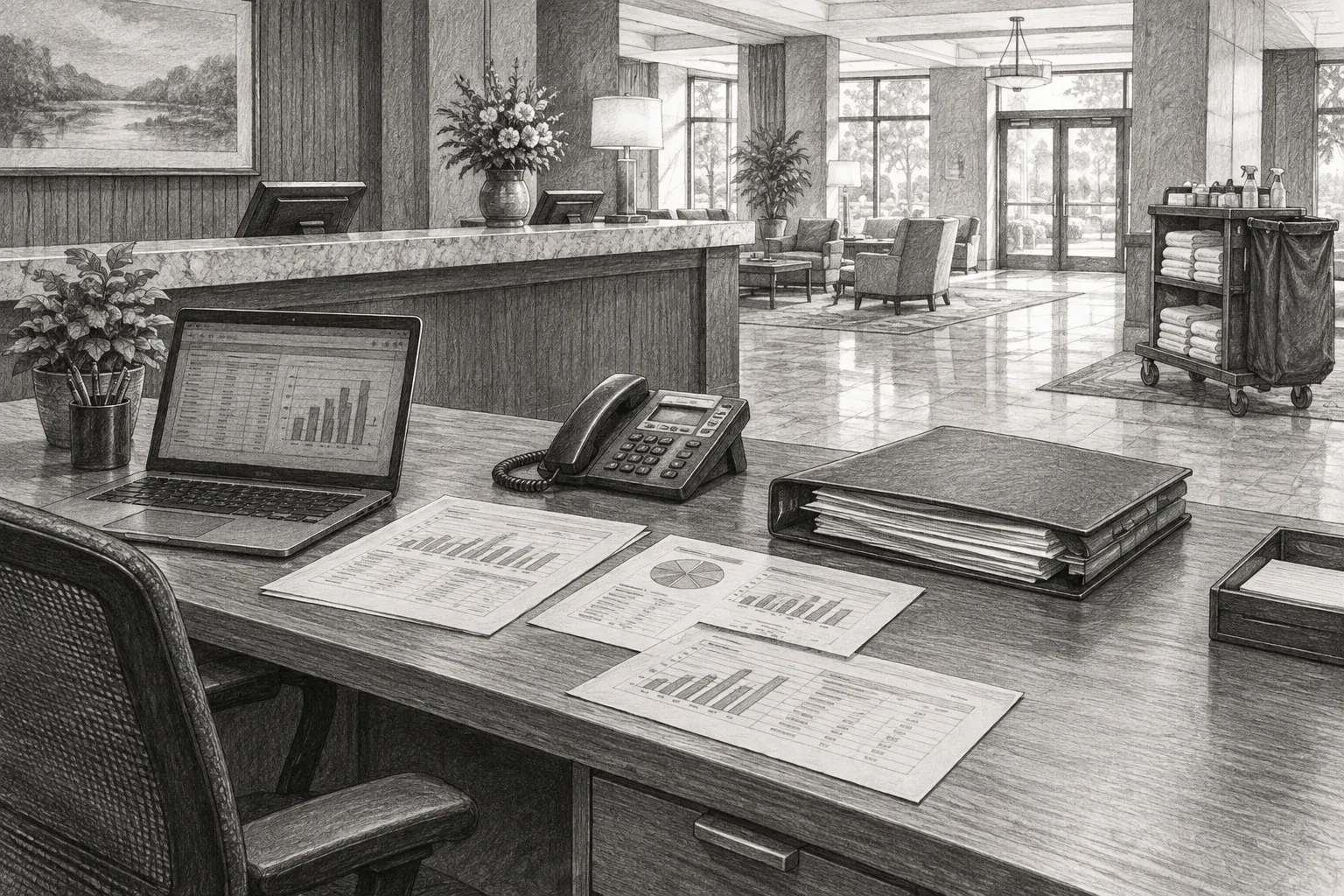 Pencil sketch of a revenue manager’s desk beside a front-desk counter, with printed pickup reports, a telephone, a folder of supplier invoices, and a housekeeping cart visible in the background.