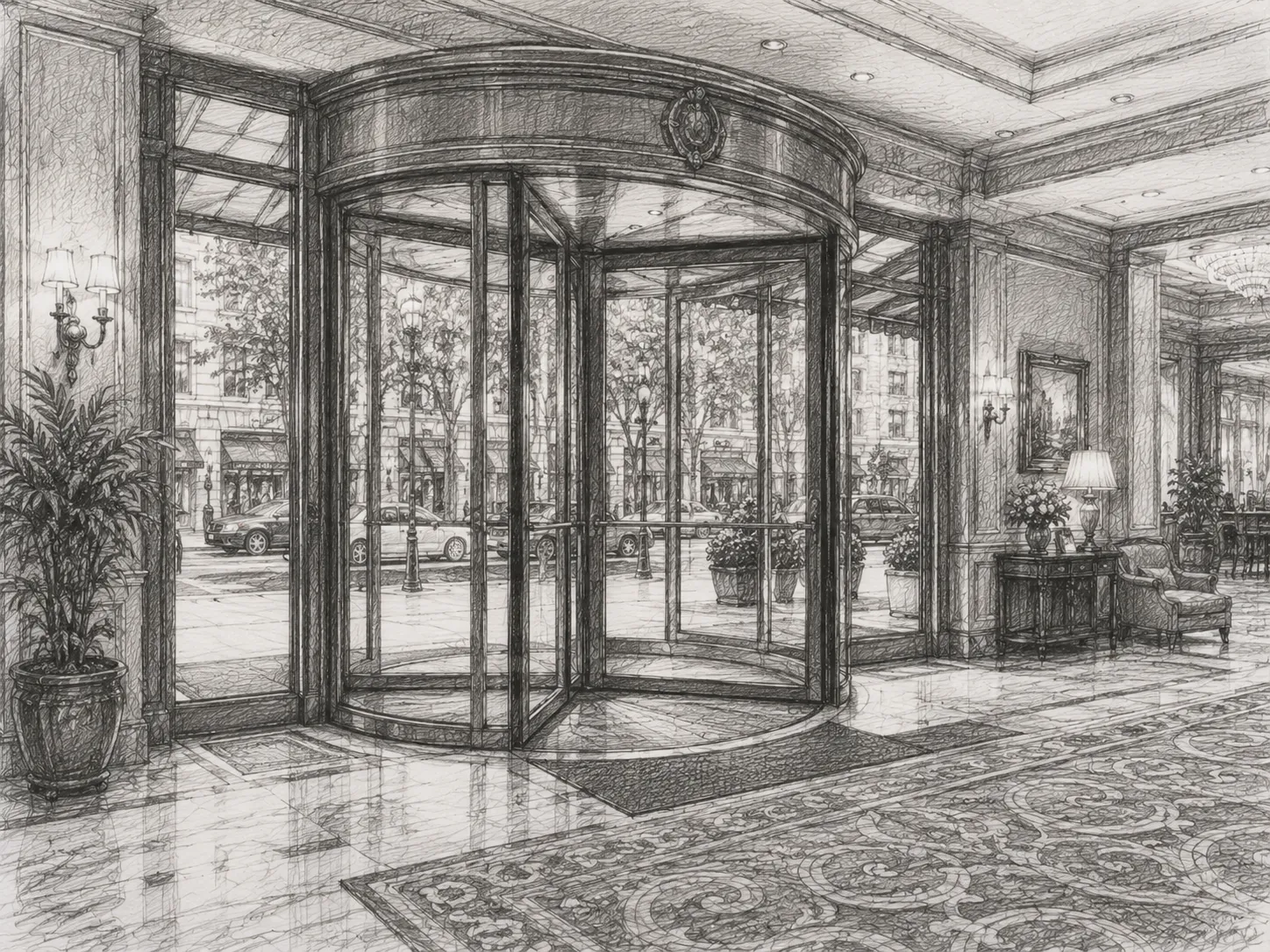 Pencil sketch of an elegant hotel lobby entrance with a revolving door