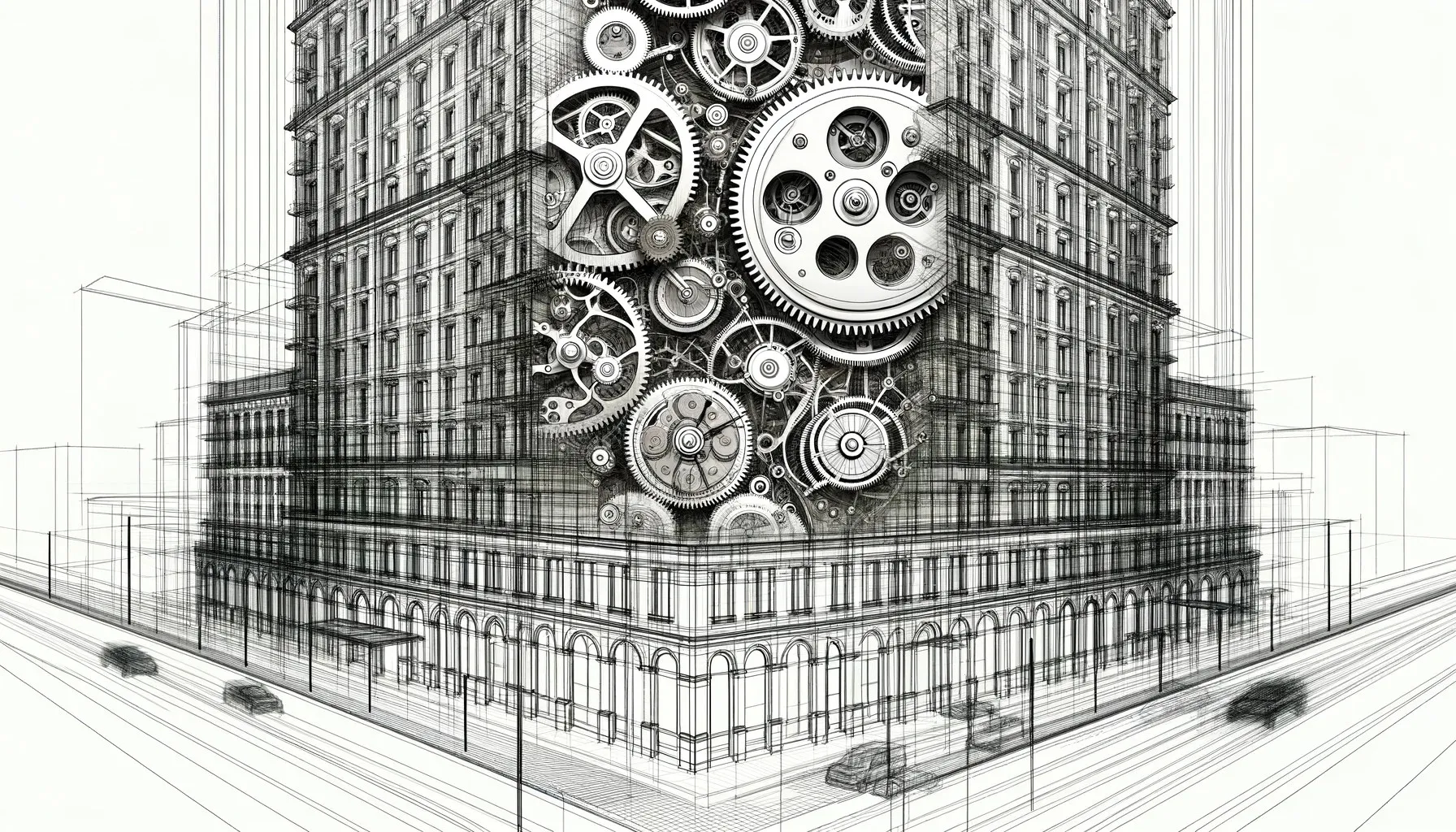 Line drawing of a hotel rendered as interlocking gears and mechanical systems