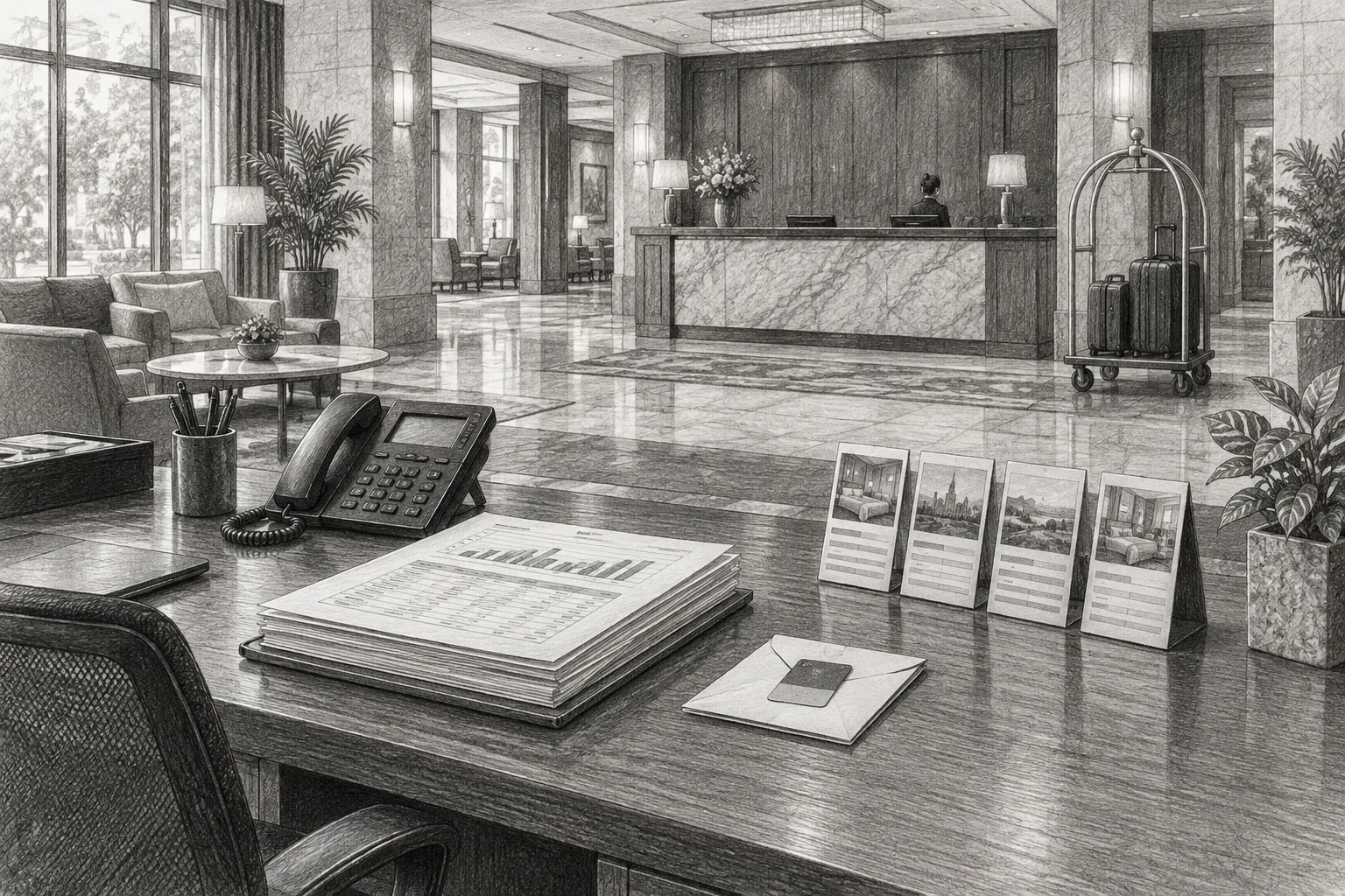 Pencil sketch of a revenue manager’s desk beside a hotel lobby with stacked occupancy reports, a desk phone, a room-key envelope, and printed rate cards, with a front desk and luggage cart in the background.