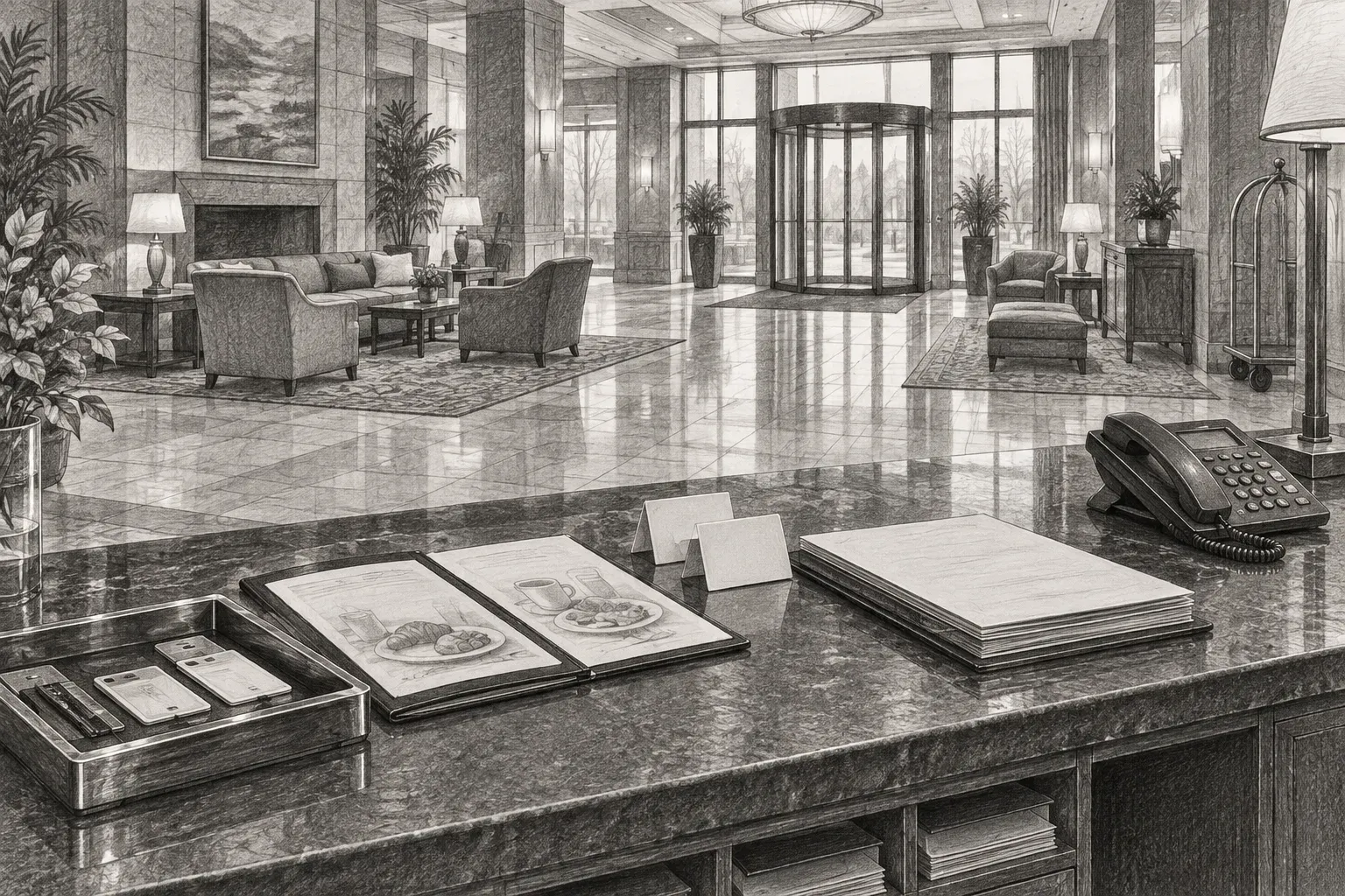 Pencil sketch of a hotel front desk before dawn, with a polished key-card tray, breakfast menus, upgrade cards, desk phone, arrivals packet, and an empty lobby.