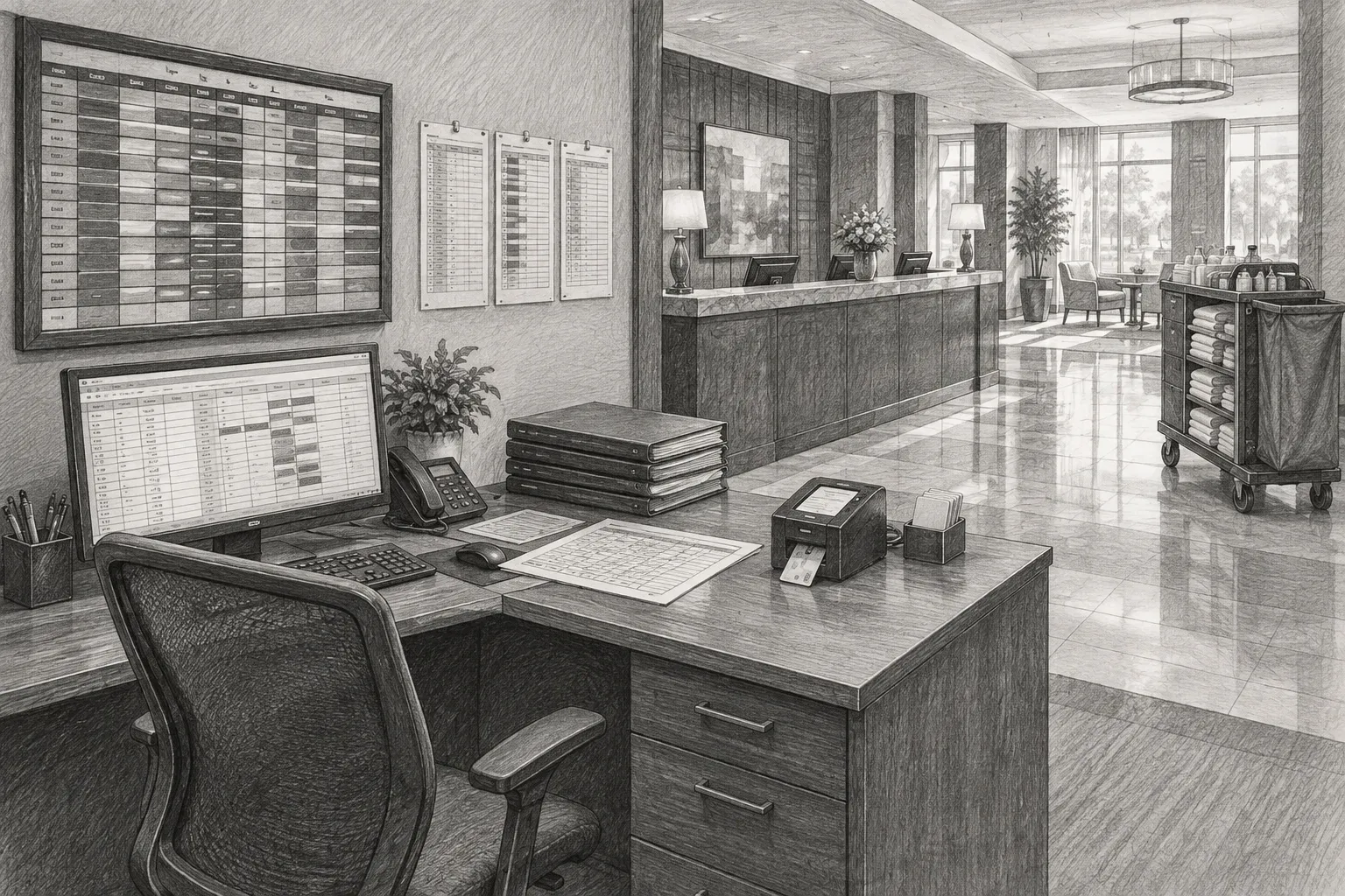 Pencil sketch of a revenue manager’s desk beside a front desk, with a room-status board, printed housekeeping routes, a key-card encoder, stacked folios, and a housekeeping cart visible across the lobby.