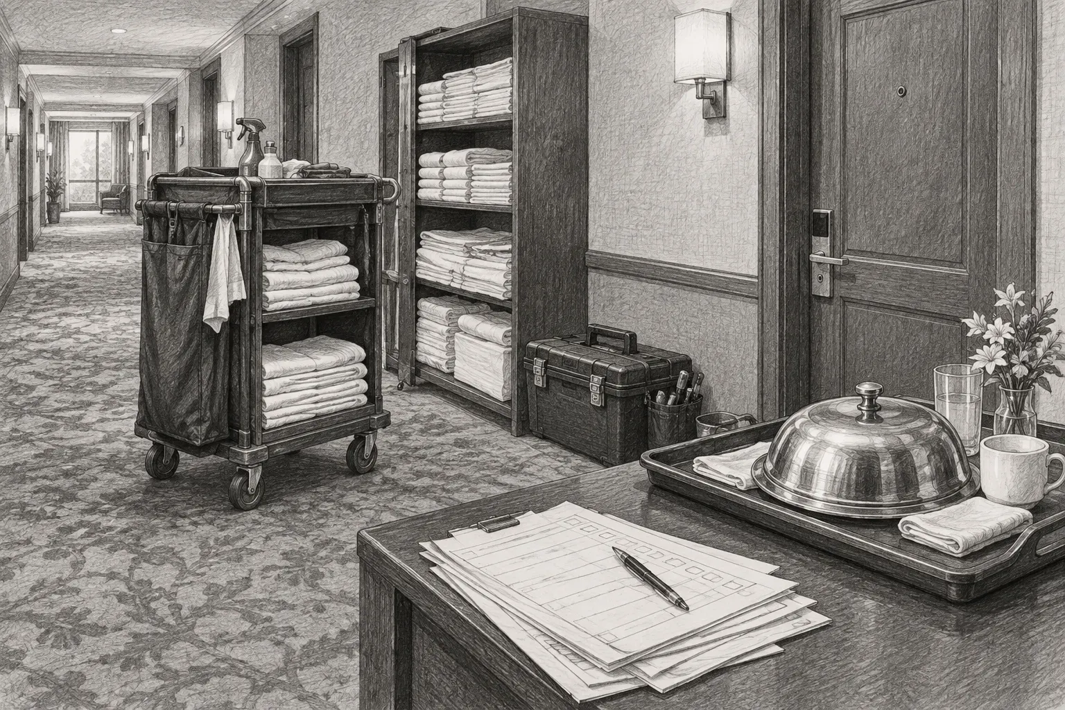 Pencil sketch of a housekeeping cart, linen shelves, maintenance toolbox, room-service tray, and paper task checklists in a hotel service corridor outside a guest-room door.