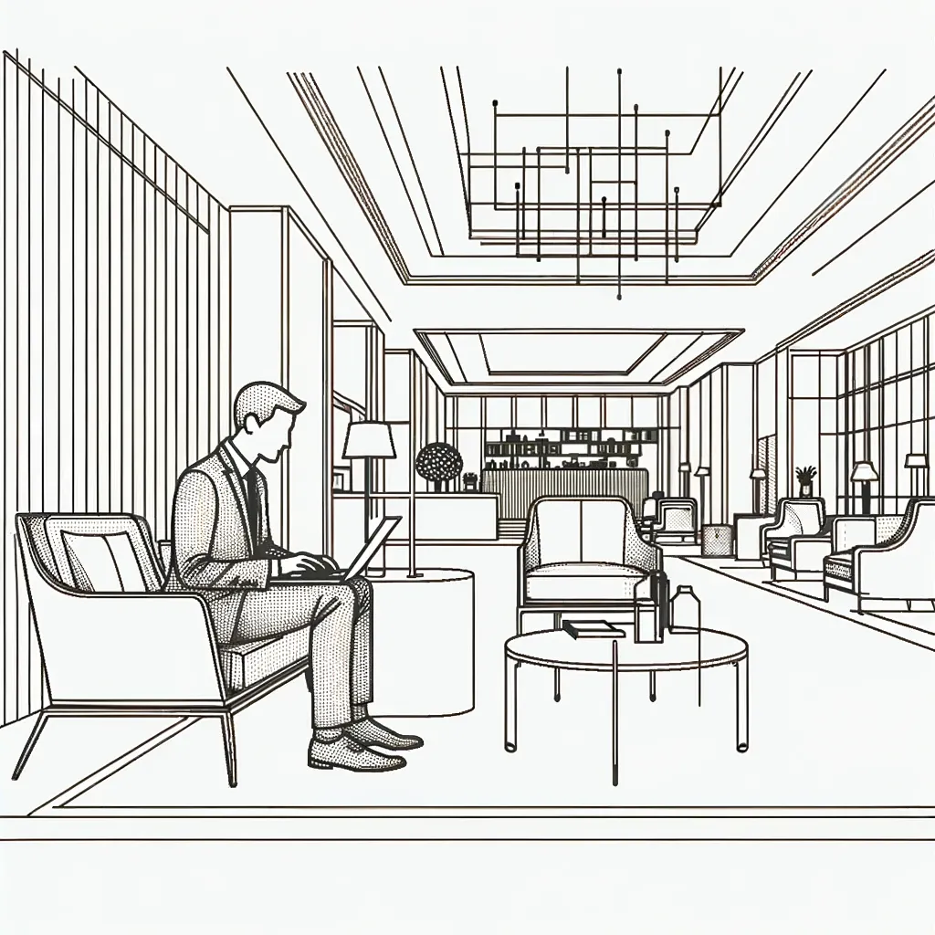 Line drawing of a person working on a laptop in a sleek hotel lobby