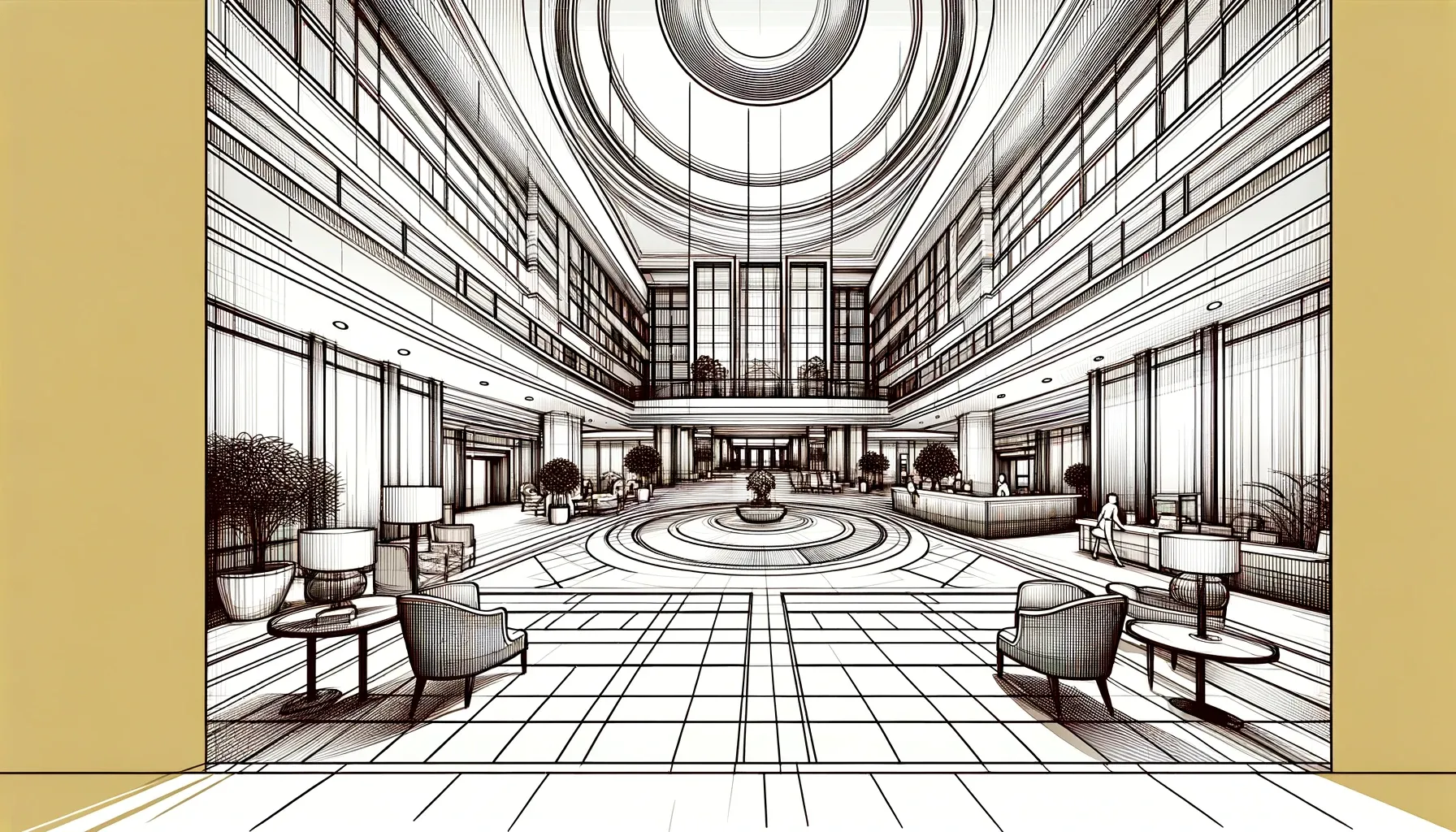 Simple wide-angle line sketch of an airy hotel lobby