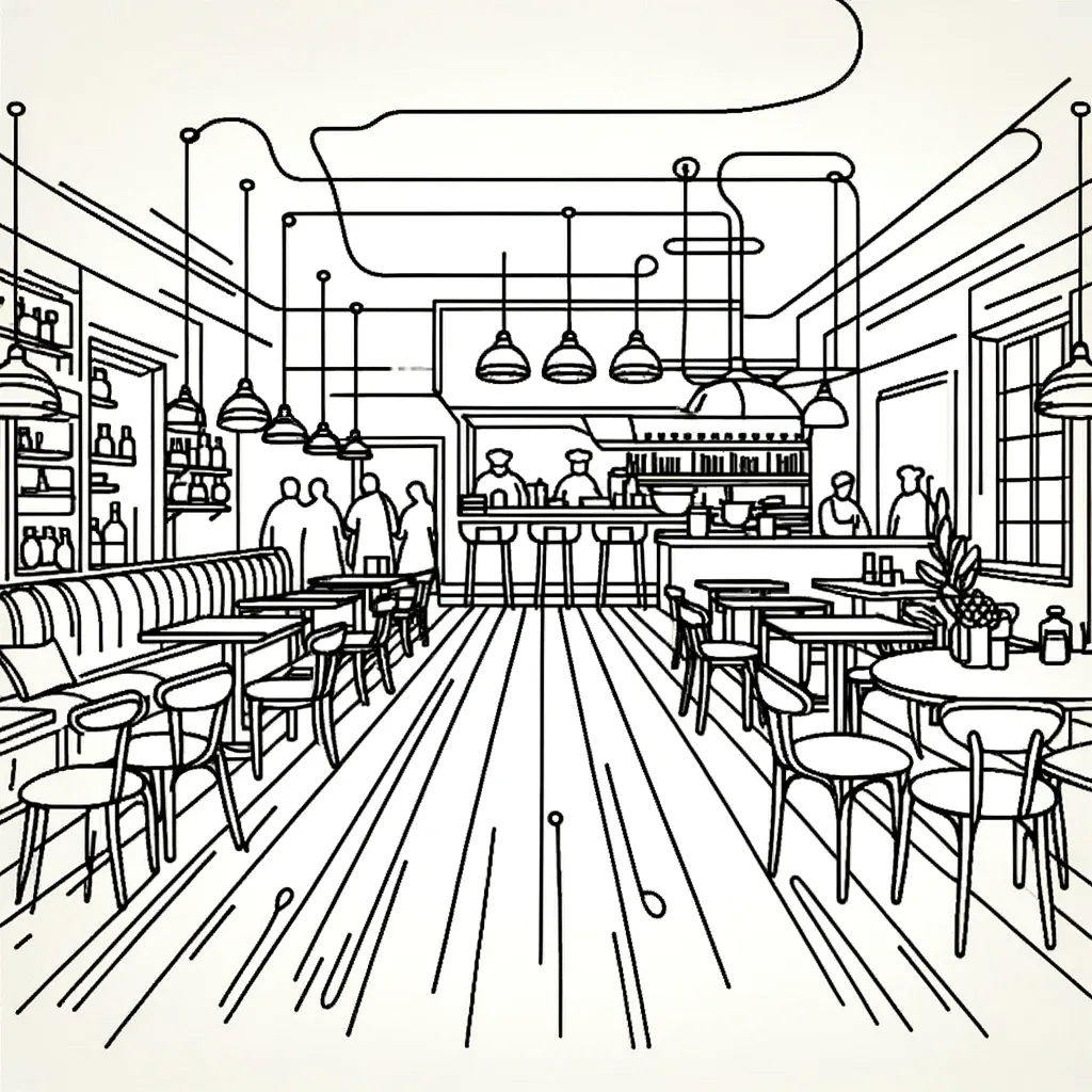 Single-line drawing of a restaurant interior with dining room and open kitchen
