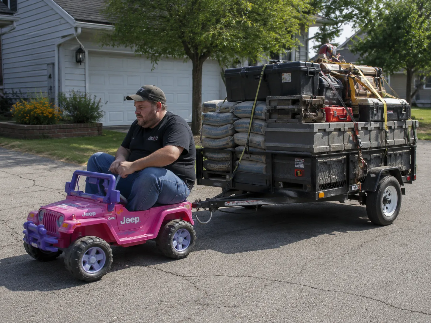 A man drives a child's toy pink Jeep while towing a full-size trailer heavily loaded with construction gear