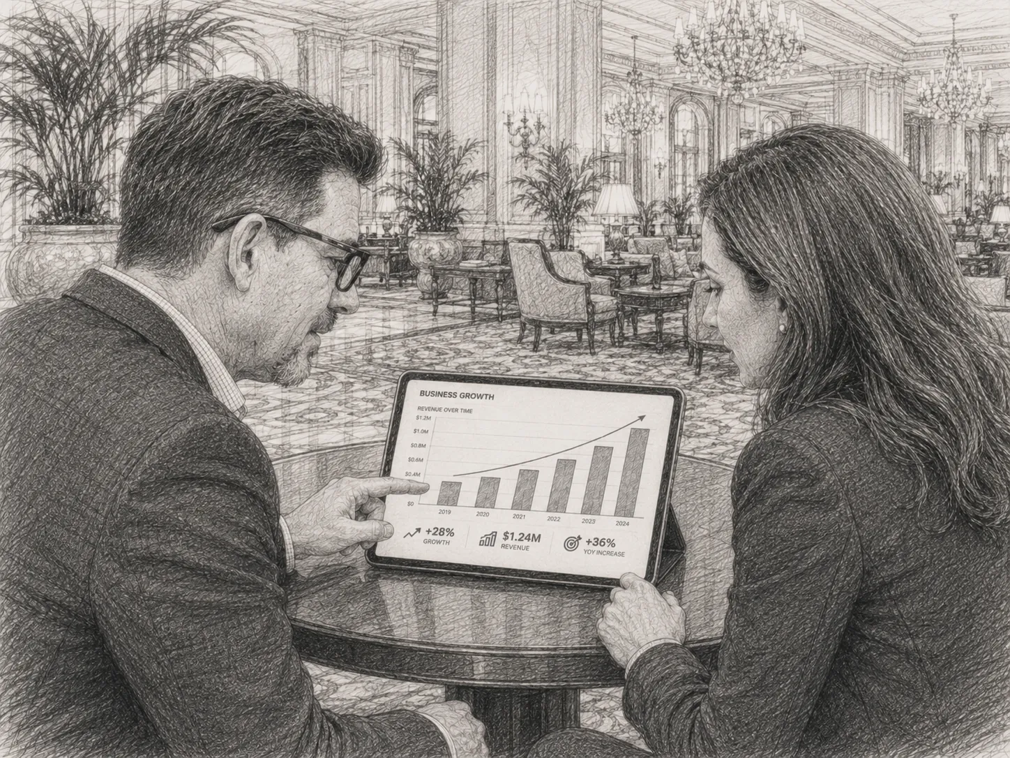 Steven Nichols reviewing a business-growth chart with a client in a hotel lobby