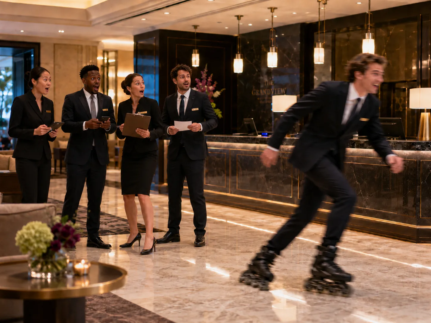 A hotel employee rollerblades past four astonished colleagues in a luxury lobby